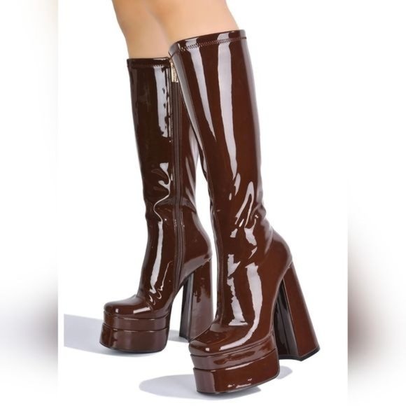Mid Calf Platform Boots Square Toe Knee High Chunky Block Heel - Picture 1 of 4